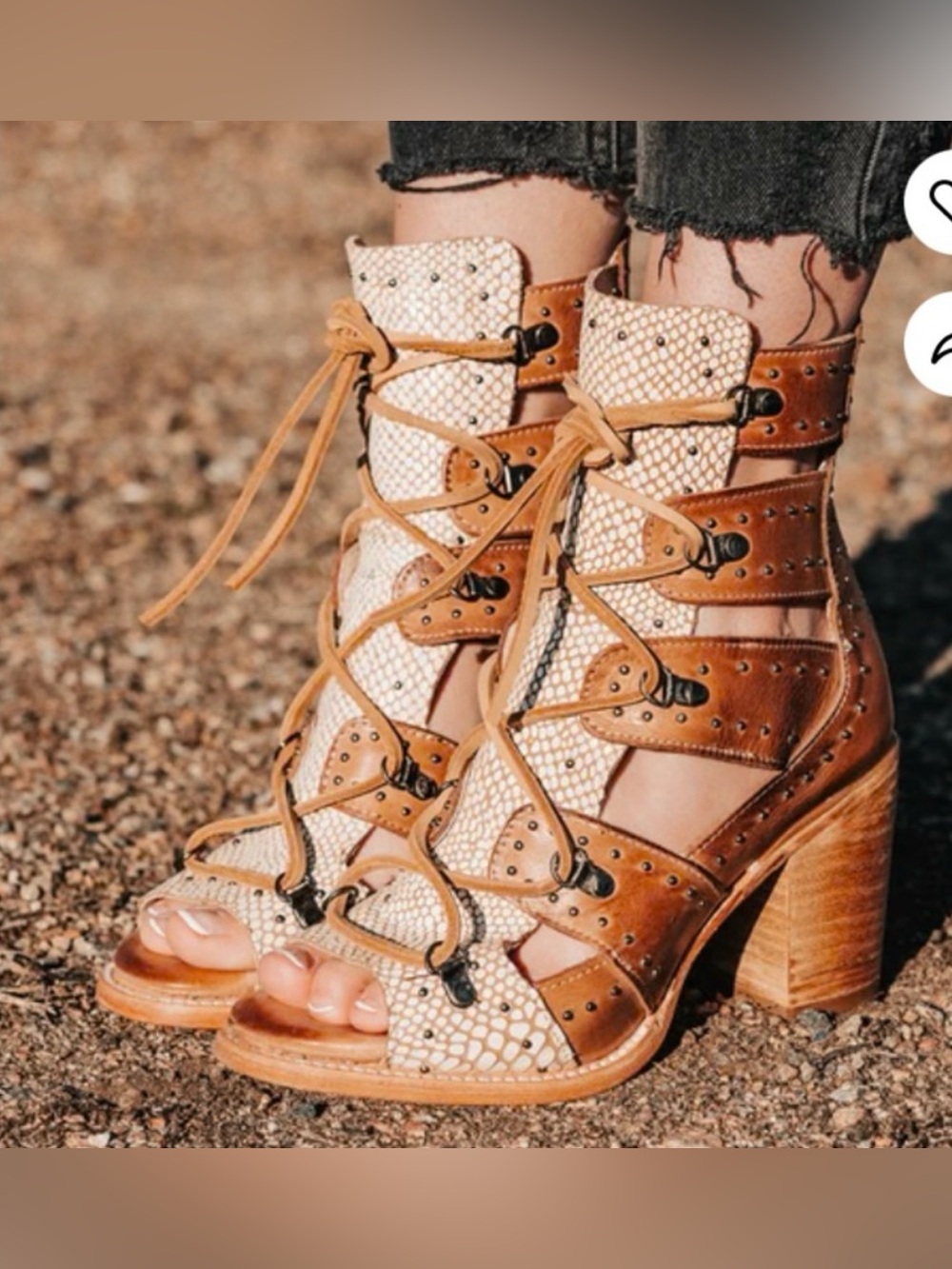 Freebird Brandy Melviller Tan and Cream Lace-Up Cutout Block Heel Shoes 12